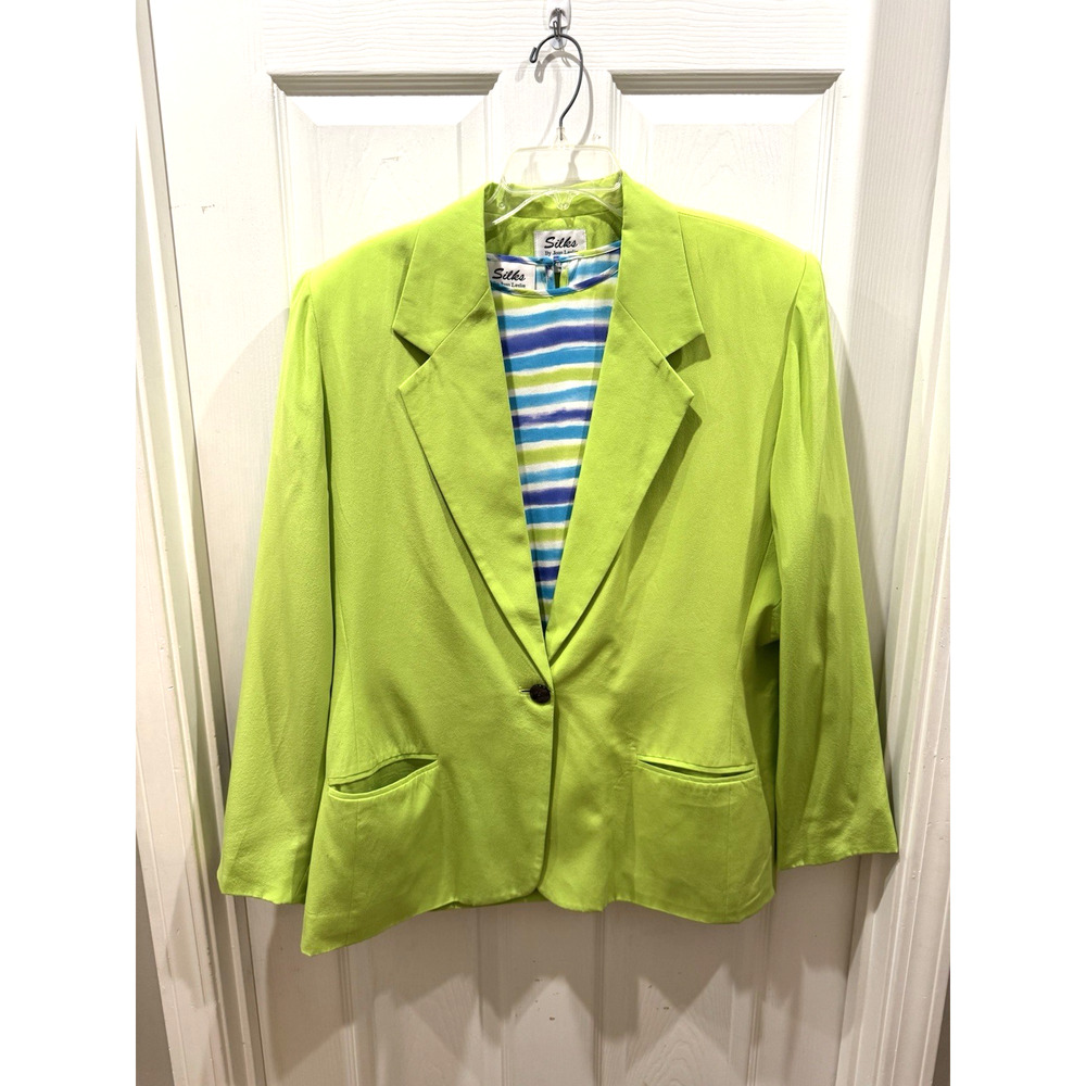 VTG Silks By Joan Leslie Blazer & Blouse Neon Green 100% Silk Womens Sz 16